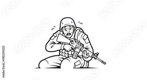 Cartoon of a scared soldier in uniform holding a rifle