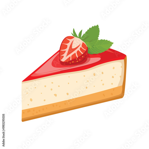 Delicious cheesecake slice with fresh strawberry and mint leaves isolated