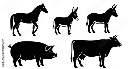 Farm Animals Silhouettes Collection: Horse, Donkey, Mule, Pig, and Cow Vector Icons