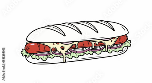 Cartoon of a sub sandwich with sausage, cheese, onion, and lettuce