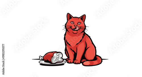Cartoon orange cat licks lips next to a plate with a meat leg