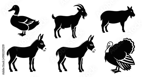 Farm Animals Silhouettes Set: Duck, Goat, Donkey, and Turkey Icons
