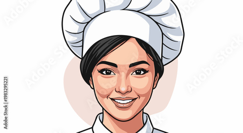 Cartoon portrait of a woman wearing a chef's hat and uniform, smiling warmly
