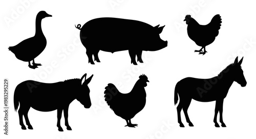 Farm Animals Silhouettes Set: Goose, Pig, Chicken, Donkey Icons