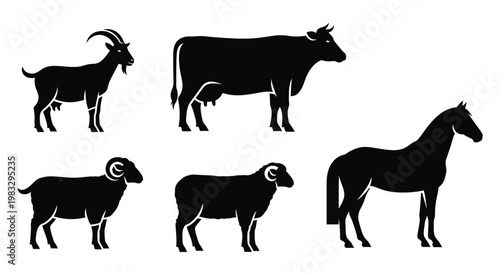 Farm Animals Silhouettes Set: Goat, Cow, Sheep, and Horse Livestock Icons