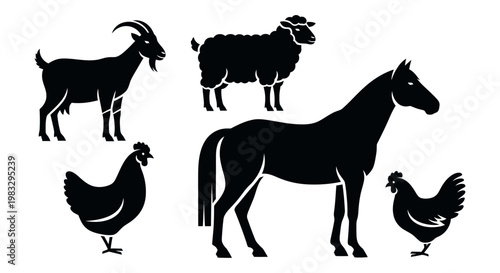 Farm Animals Silhouettes Set: Goat, Sheep, Horse, and Chickens Vector Icons