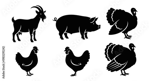 Farm Animals Silhouettes Set: Goat, Pig, Turkey, and Chicken Icons