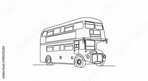 Classic double-decker bus illustrated in black and white line art