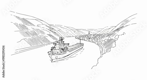 Cargo ship navigates a river valley past vineyards and a village