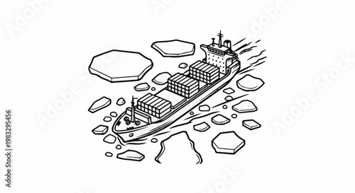 Cargo ship navigates through scattered ice floes in choppy water