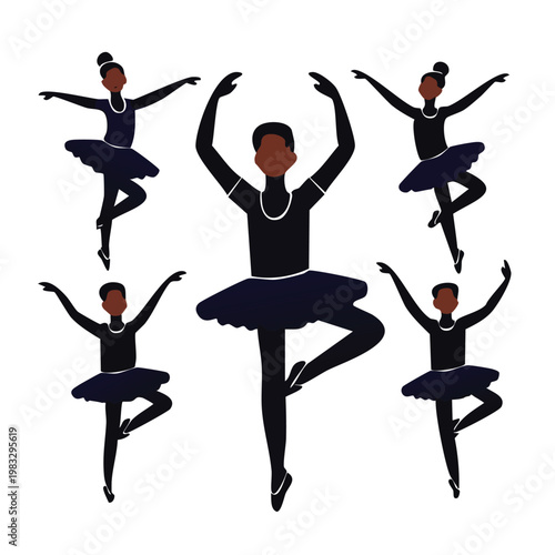 Graceful ballet dancers in black tutus performing elegant poses on white backdrop