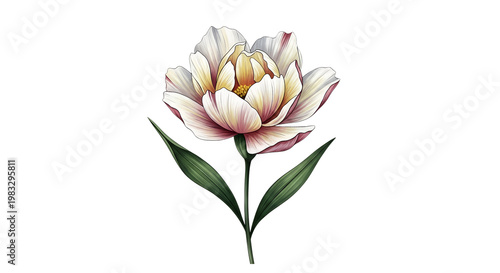 Delicate White and Pink Peony Flower with Green Leaves isolated on transparent background