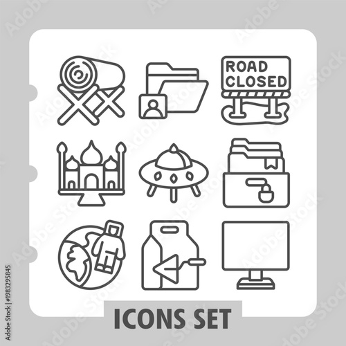 Set of nine simple vector icons depicting road hazards, construction, ufo, gas station, car crash, roadblock and warning concepts for web and mobile apps.