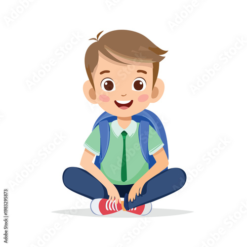 Happy schoolboy sitting cross legged with backpack smiling cheerful illustration