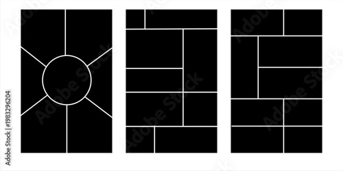 Image collage layout template. Beige mosaic mood board grid collection. Picture frame set. Photo album idea for banner, poster, comic page, flyer, brochure, booklet, memory wall design. Vector pack