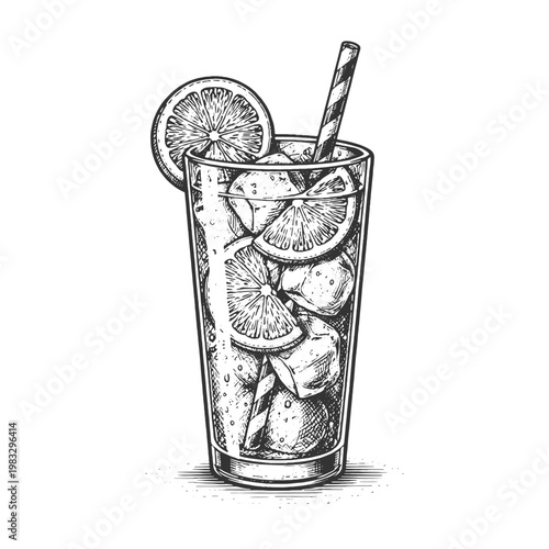 Vintage woodcut style iced lemon tea glass vector illustration, refreshing summer cocktail with straw and citrus slices isolated on white background.