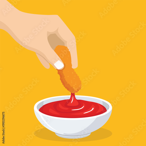Hand dipping chicken nugget into red sauce against a yellow background
