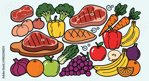 Variety of fresh food and meat.