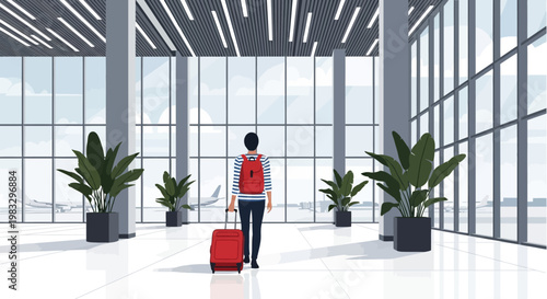 Person standing with red travel luggage.