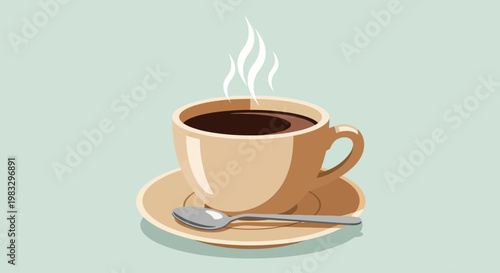 Steaming hot coffee cup with spoon.