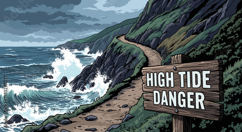 High tide danger warning sign board.