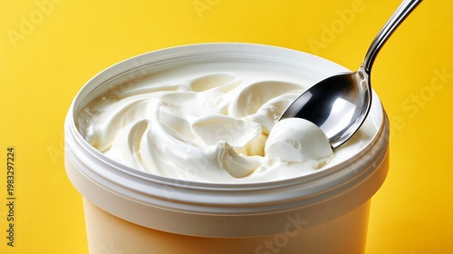 Creamy white yogurt in a round plastic container with a metal spoon resting on top against a bright yellow background