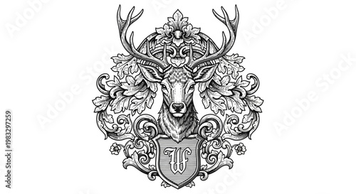 Deer head with antlers crest.