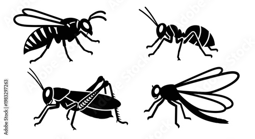 Insect Silhouettes Set: Wasp, Ant, Grasshopper, and Fly Icons