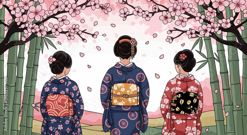 Three Women Wearing Traditional Kimonos.