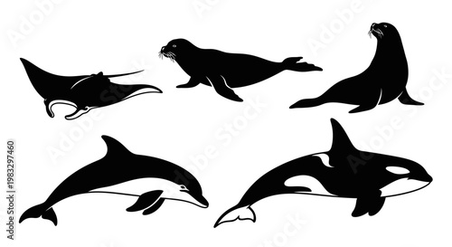 Marine Animals Silhouettes Collection: Manta Ray, Seal, Dolphin, Sea Lion, and Orca