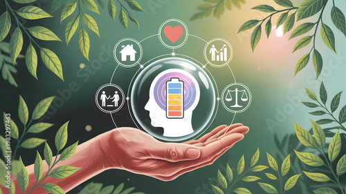 Human head with balanced energy meter inside a bubble over an open palm surrounded by green leaves