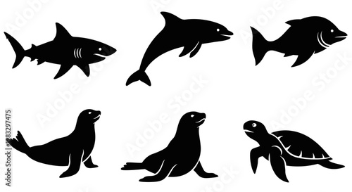 Marine Animals Silhouettes Collection: Shark, Dolphin, Fish, Seal, and Turtle Icons