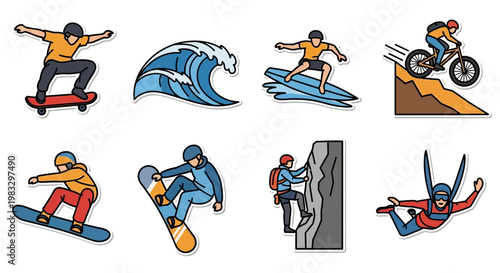 Action sports athletes in various poses.