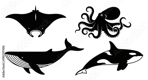 Marine Animals Silhouettes: Manta Ray, Whale, Orca, Octopus Vector Illustration