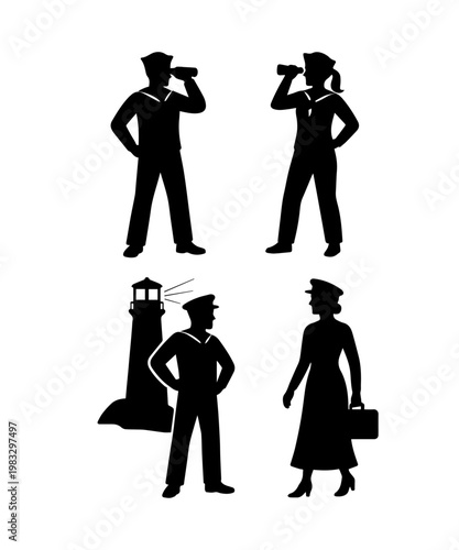 Maritime workers silhouettes stand in different poses near a lighthouse at a harbor during daylight hours