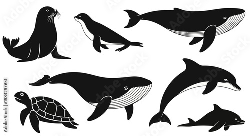 Marine Animals Silhouettes Set: Whales, Dolphins, Seals, and Turtle Collection