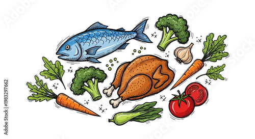 Fresh food ingredients on white background.