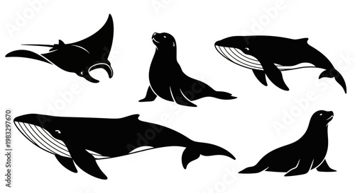 Marine Animals Silhouettes Set: Whales, Seals, and Manta Ray Icons