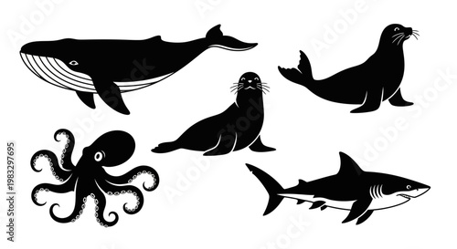 Marine Animals Silhouettes Set: Whale, Shark, Octopus, and Seals Icons