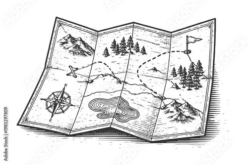 Vintage engraving style folded treasure map vector illustration with topographic details, adventure navigation and exploration route concept for travelers.