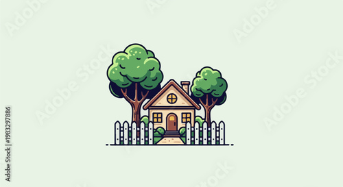 Cozy cartoon house with picket fence and trees on a light background