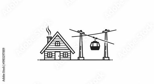 Cozy cabin with ski lift gondola, representing mountain winter fun
