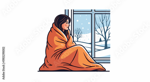 Cozy person wrapped in blanket looking out snowy window