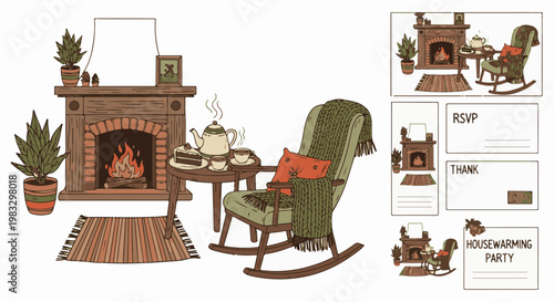 Cozy scene fireplace, rocking chair with blanket, tea, cake, and plants