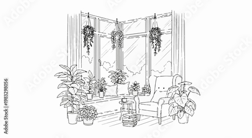 Cozy reading nook with lush plants, a comfy chair, and a window view