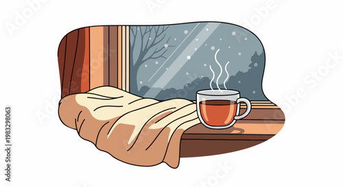 Cozy winter scene with hot tea by the window