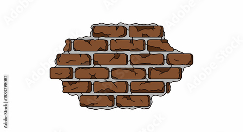 Cracked brown brick wall section with mortar