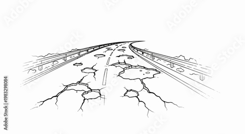 Cracked and potholed highway stretches into distance, curving right