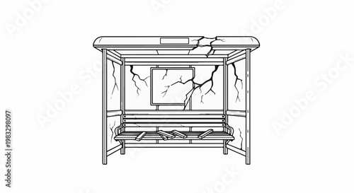 Cracked bus stop shelter with broken bench and debris