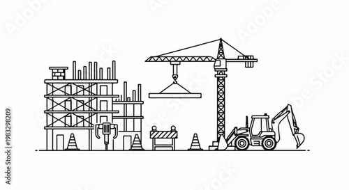 Construction site with crane, backhoe, unfinished building, and safety cones